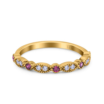 14K Yellow Gold Half Eternity Wedding Band Art Deco Design Simulated Ruby CZ Ring